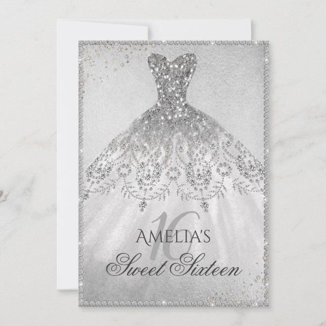 Convite Sweet Sixteen Brilho de Vestido Prata (Frente)