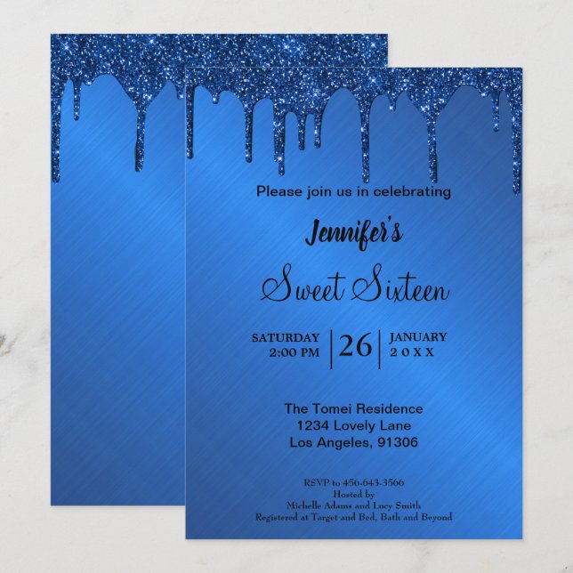 Convite Sweet Sixteen brilho metálico azul (Frente/Verso)
