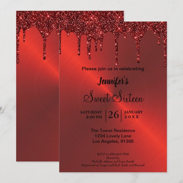 Convite Sweet Sixteen com brilho metálico vermelho (Frente/Verso)