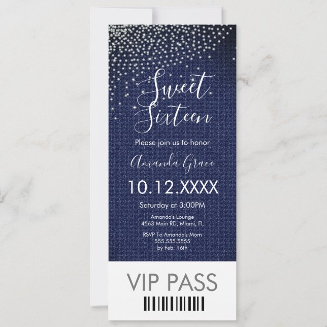 Convite Sweet Sixteen com Diamantes de Jeans (Frente)