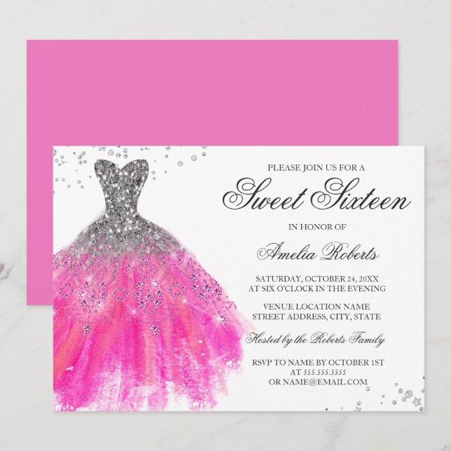 Convite Sweet Sixteen de Vestido Brilho Rosa (Frente/Verso)