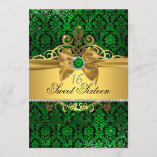 Convite Sweet Sixteen Dourado Verde Damask