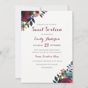 Convite Sweet Sixteen Floral Aquarela Borgonha