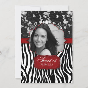 Convite Sweet Sixteen Foto Zebra Renda Vermelho