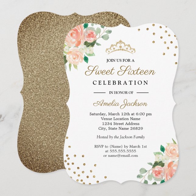 Convite Sweet Sixteen Peach Gold Floral Confetti (Frente/Verso)