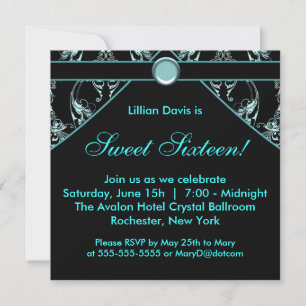 Convite Sweet Sixteen Preto Azul Teal Damask