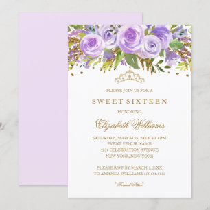 Convite Sweet Sixteen Rosa Floral Dourado Roxo