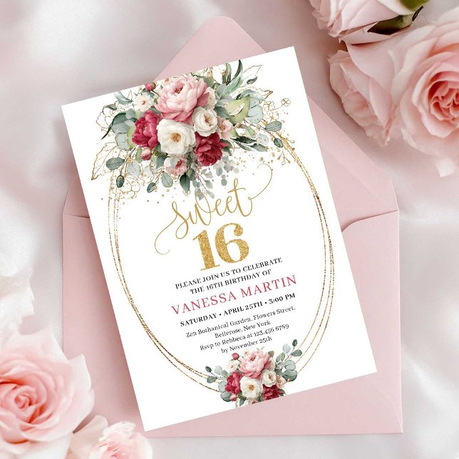 Convite Sweet Sixteen Timeless Red Blush Greenery (Timeless Red Blush Greenery Sweet Sixteen Invitation)