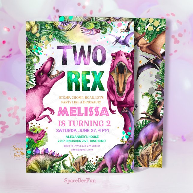 Convite T-Rex Dinossauro 2  Festa de Aniversário d (Dinosaur TWO Rex Invitation, Girl Dinosaur Party,birthday invitation Dino,Tropical Two rex birthday,)