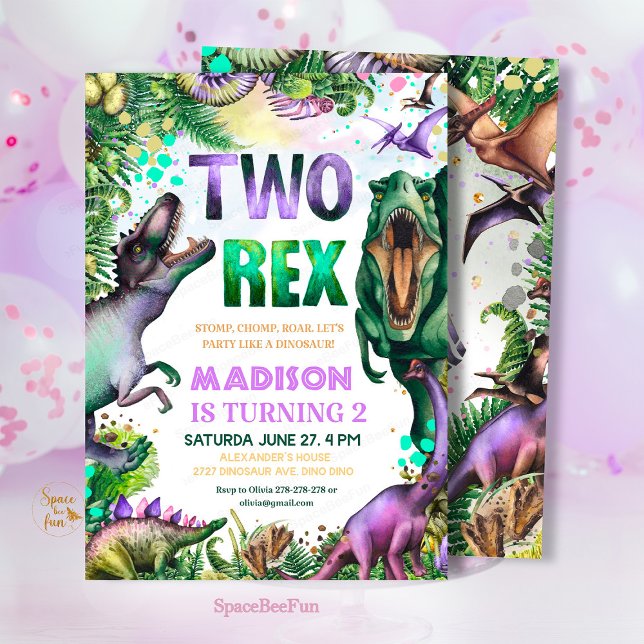 Convite T-Rex Dinossauro DOIS Festa de Aniversário (Dinosaur TWO Rex Invitation,Boy Dinosaur Party,birthday invitation Dino,Tropical Two rex birthday,di)