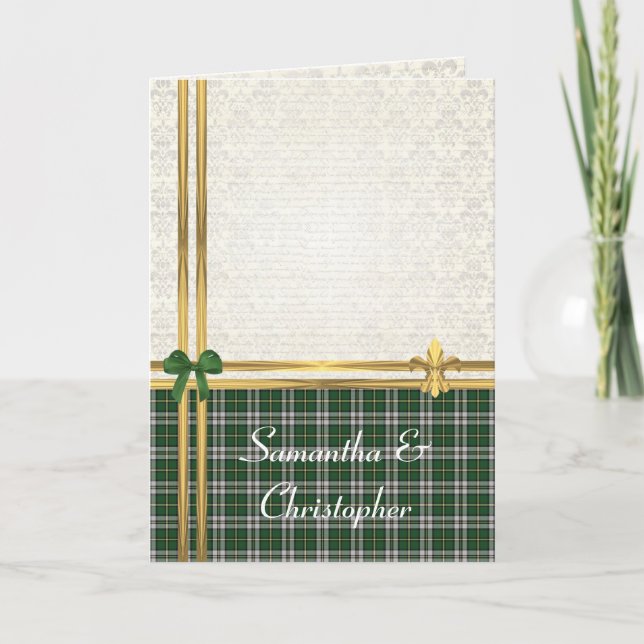 Convite Tartan verde e ouro no damask (Frente)