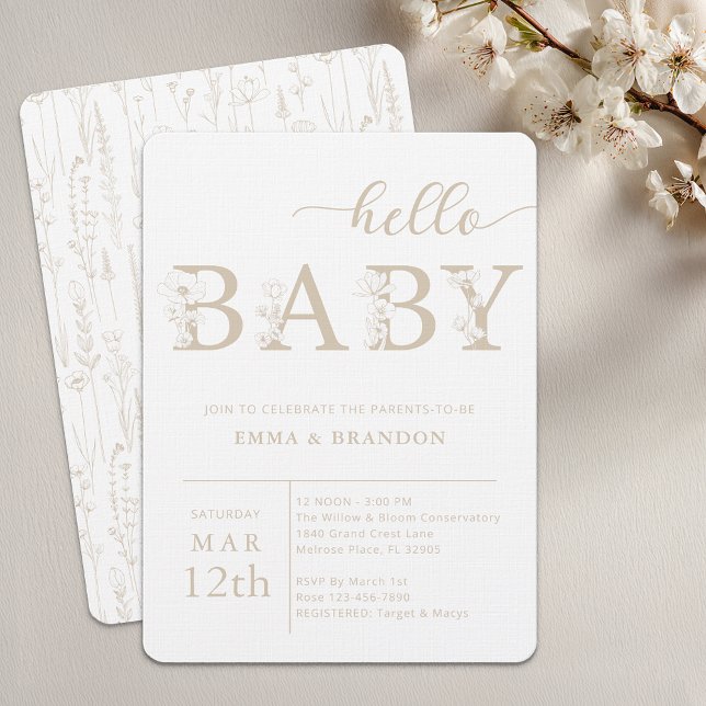 Convite Taupe Hello Baby Wildflower (Taupe Floral Baby Shower Invite)