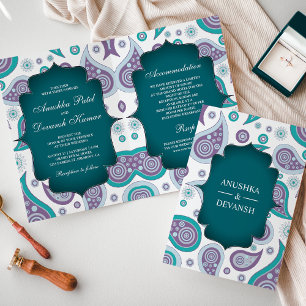Convite Teal and Purple Paisley Indian Wedding Invitation