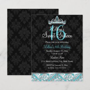 Convite Teal Black Damask & Tiara Sweet 16