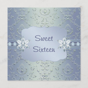 Convite Teal Blue Damask Shimmer Sweet Sixteen
