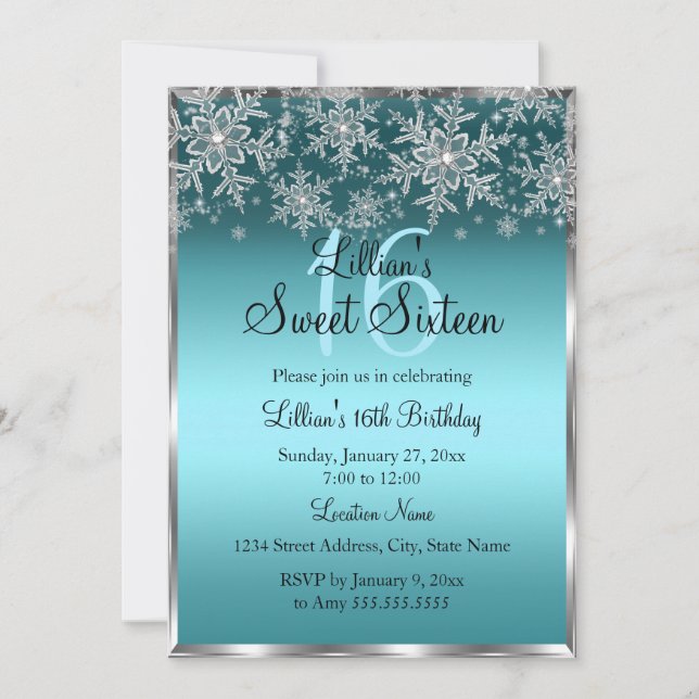Convite Teal Blue Silver Snowflake Sweet 16 (Frente)