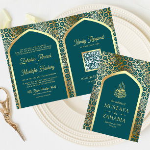 Convite Teal Dourado Arco Persa Código QR Casamento Muçulm