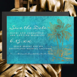 Convite Teal Dourado Palm Trees Casamento Data de Salvamen