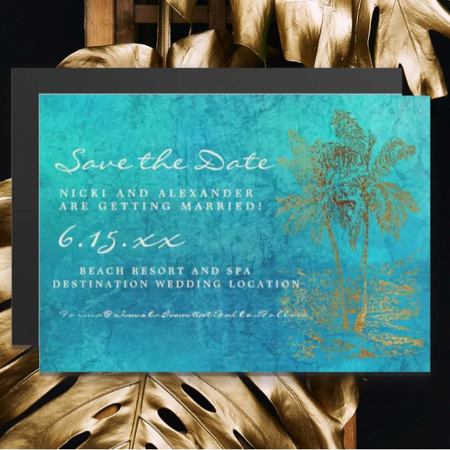 Convite Teal Dourado Palm Trees Casamento Data de Salvamen (Criador carregado)