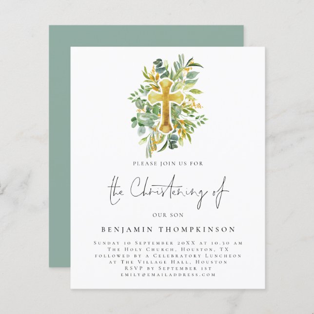 Convite Teal Eucalyptus Cross Christening (Frente/Verso)