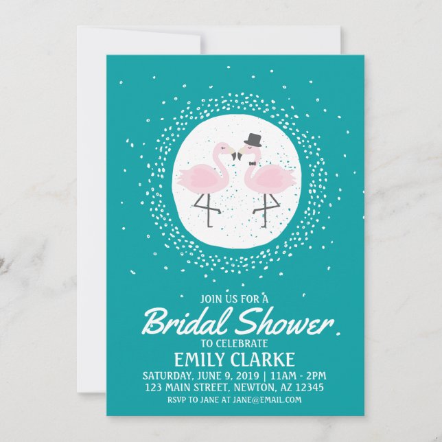 Convite Teal Flamingo Bride & Groom (qualquer even (Frente)