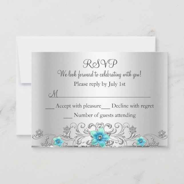 Convite Teal Prata Floral Espiral RSVP (Frente)