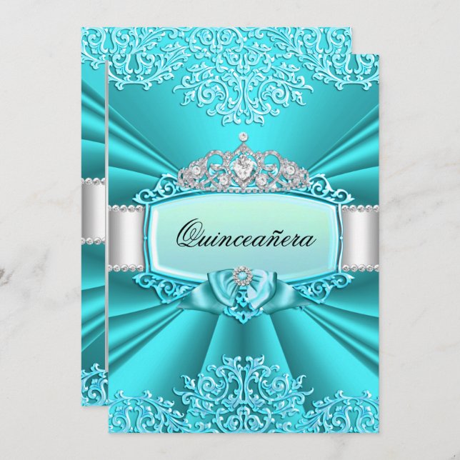Convite Teal Tiara Damask Quinceanera (Frente/Verso)