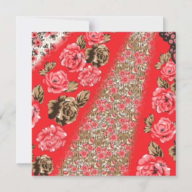 Convite Tecido vermelho vibrante com intrincado floral e (Frente)