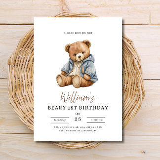 Convite Teddy Bear Boy Birthday Party Beary 1st Birthday