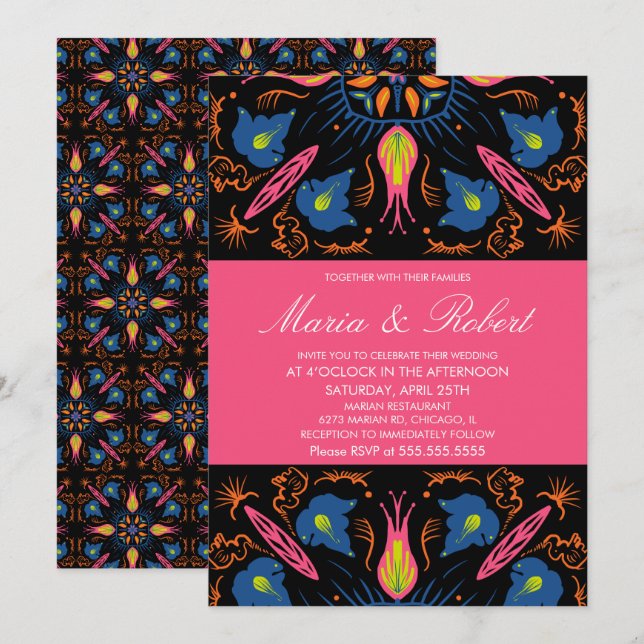 Convite Tema Casamento Índia Elefante Floral Preto (Frente/Verso)