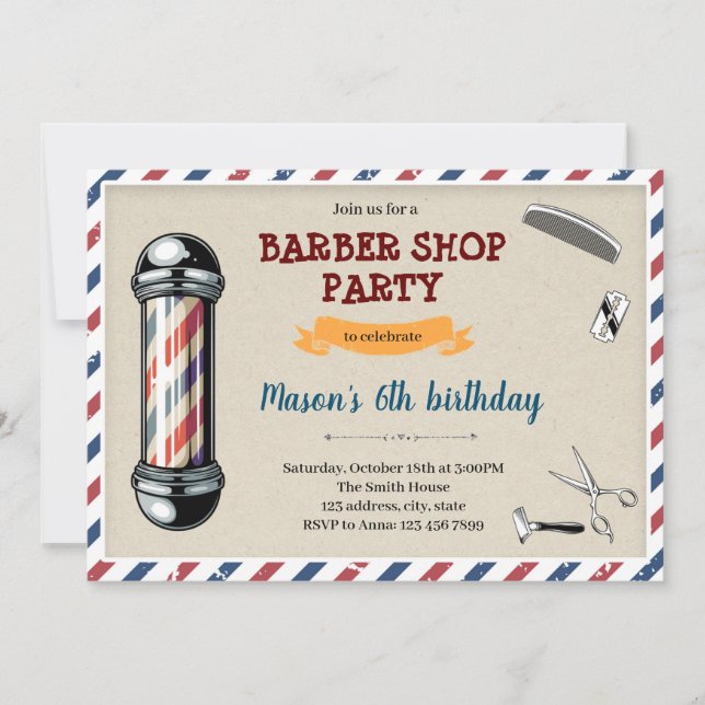 Convite tema de aniversário de barbearia estilo an (Frente)