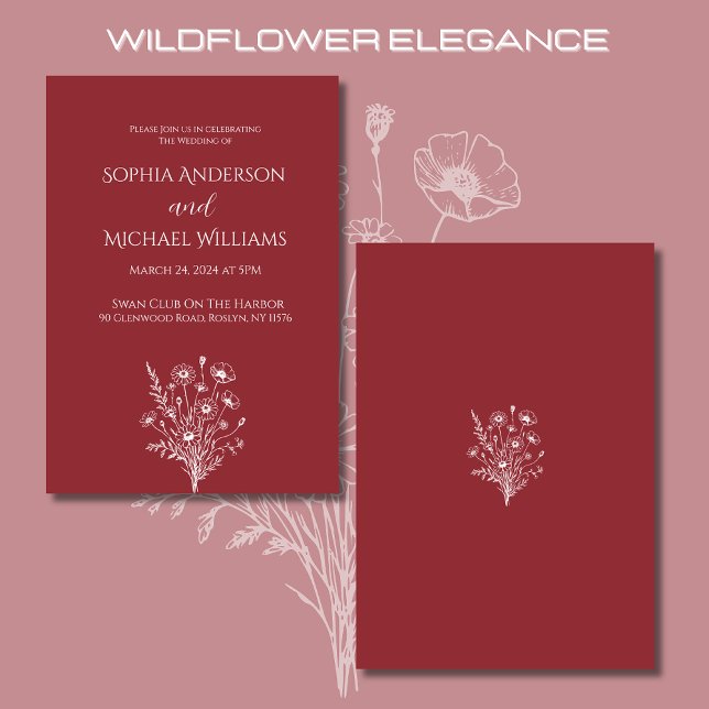 Convite Tema De Casamento De Elegância De Flores S (Wildflower Elegance Wedding Invitation Vertical Red-Country Rustic, Bohemian, Elegant)