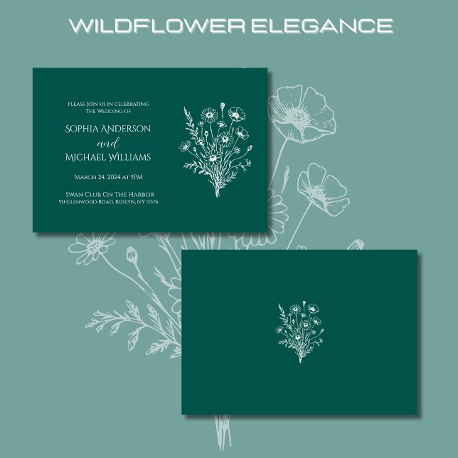 Convite Tema De Casamento De Elegância De Flores S (Wildflower Elegance Wedding Invitations-Emerald Green-Rustic, Country, Bohemian)