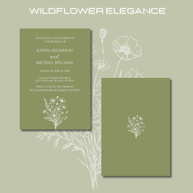 Convite Tema De Casamento De Elegância De Flores S (Wildflower Elegance Wedding Collection-Fern Green-Invitations)