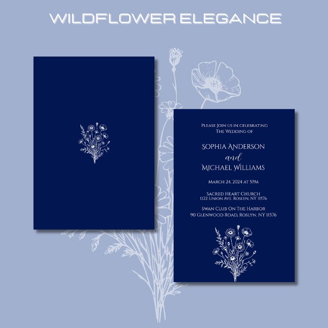 Convite Tema De Casamento De Elegância De Flores S (Wildflower Elegance-Wedding Invitations-Blue, rustic, country, bohemian, summer, spring)