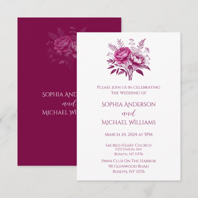 Convite Tema De Casamento De Peônias De Aquarela M (Frente/Verso)