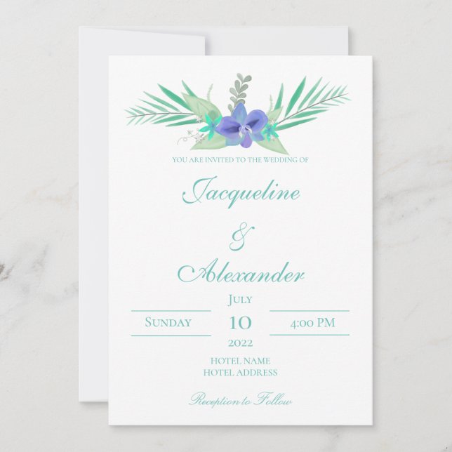 Convite Tema de Casamento Orquídeo Roxo e Teal (Frente)