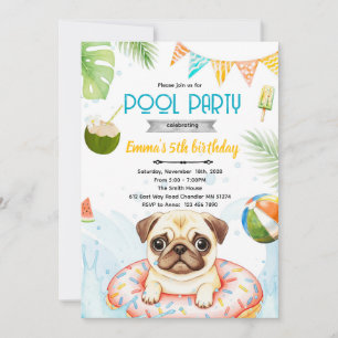 convite tema de festa de pug fofo na piscina