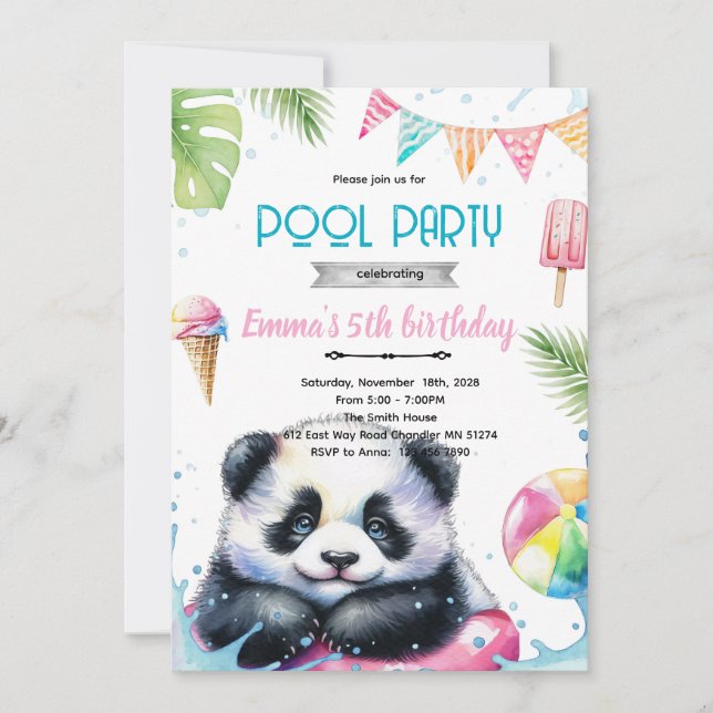 convite tema de piscina panda fofo (Frente)