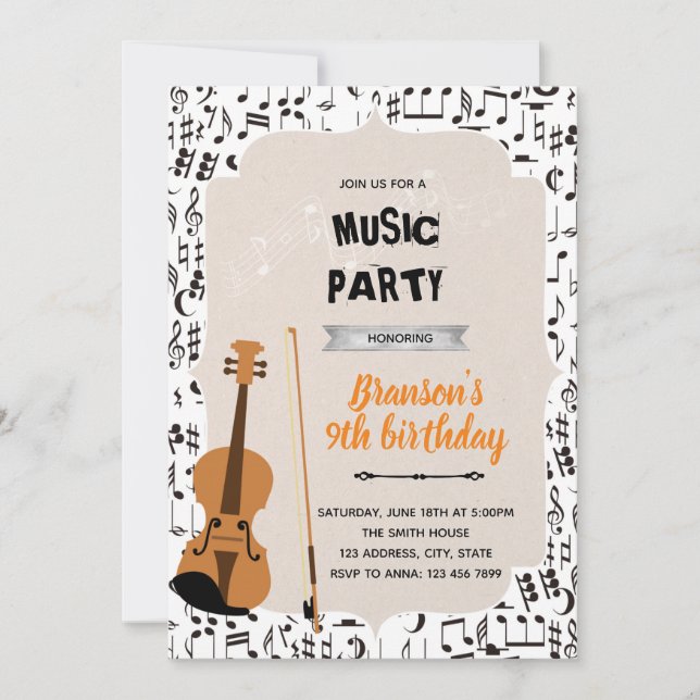 Convite tema festa de aniversário violino música (Frente)