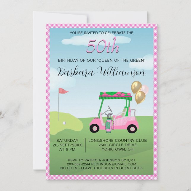 Convite Tema Golfista Senhora Festa de 50 Anos (Frente)
