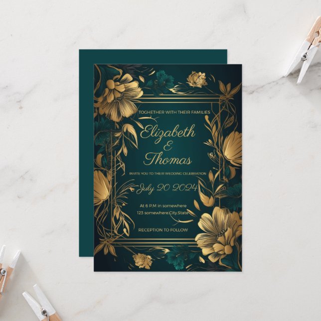 Convite tema luxuoso dourado e verde. (Frente/Verso In Situ)