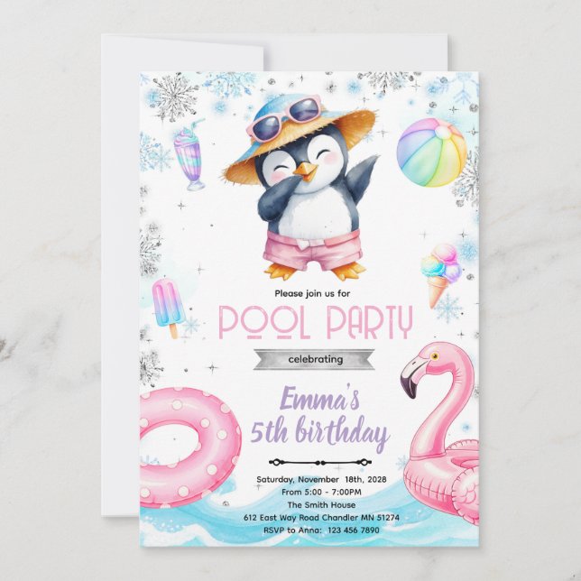 convite tema piscina de pinguins de inverno (Frente)