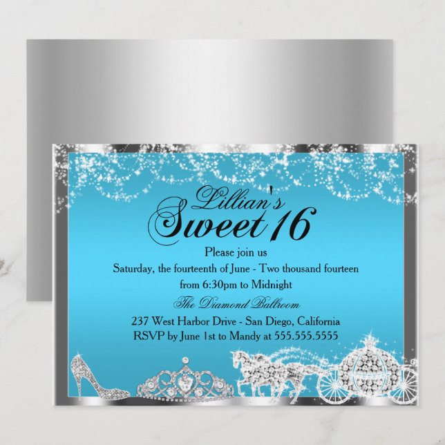 Convite Tema Princesa Brilho Azul Sweet 16 (Frente/Verso)