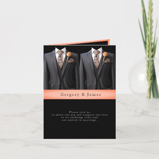 Convite Ternos Cinzas Rosas Pêssego & Gravata Floral (Frente)