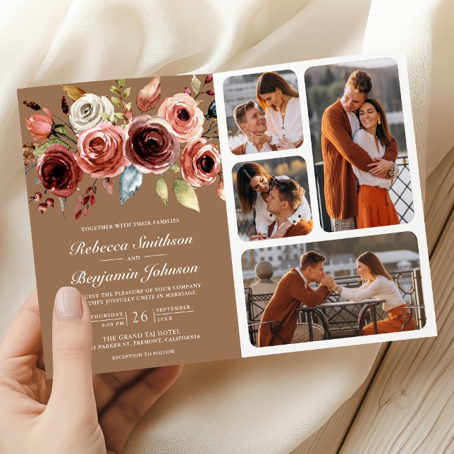 Convite Terracota Código QR Floral Bege Marrom Casamento (Criador carregado)