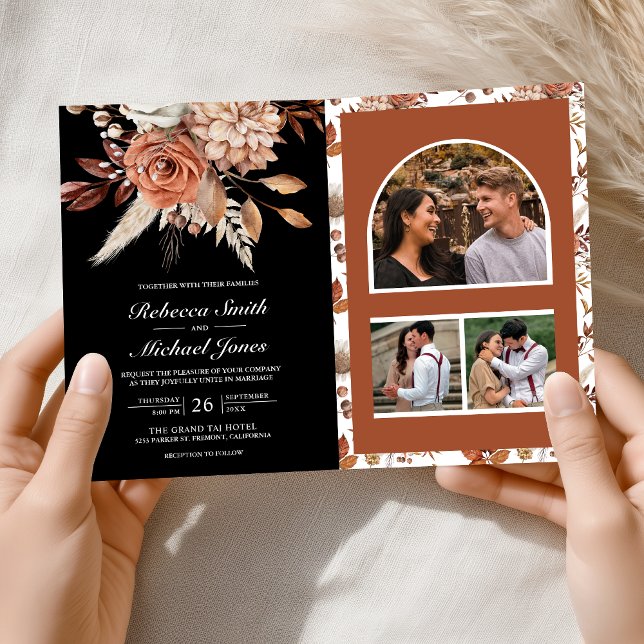 Convite Terracota Código QR Preto Floral Casamento (Criador carregado)