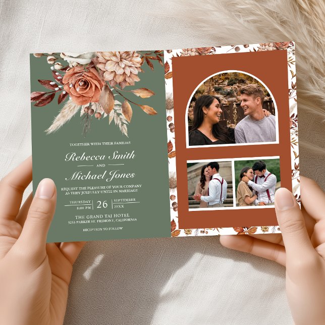 Convite Terracota Código QR Verde Floral para Casamento (Criador carregado)