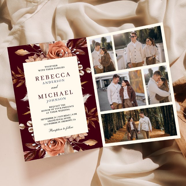 Convite Terracota Creme Código QR Floral Casamento Borgonh (Criador carregado)