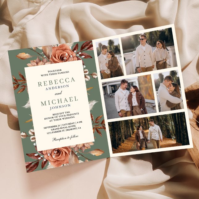 Convite Terracota em Creme Código QR Floral Casamento Verd (Criador carregado)